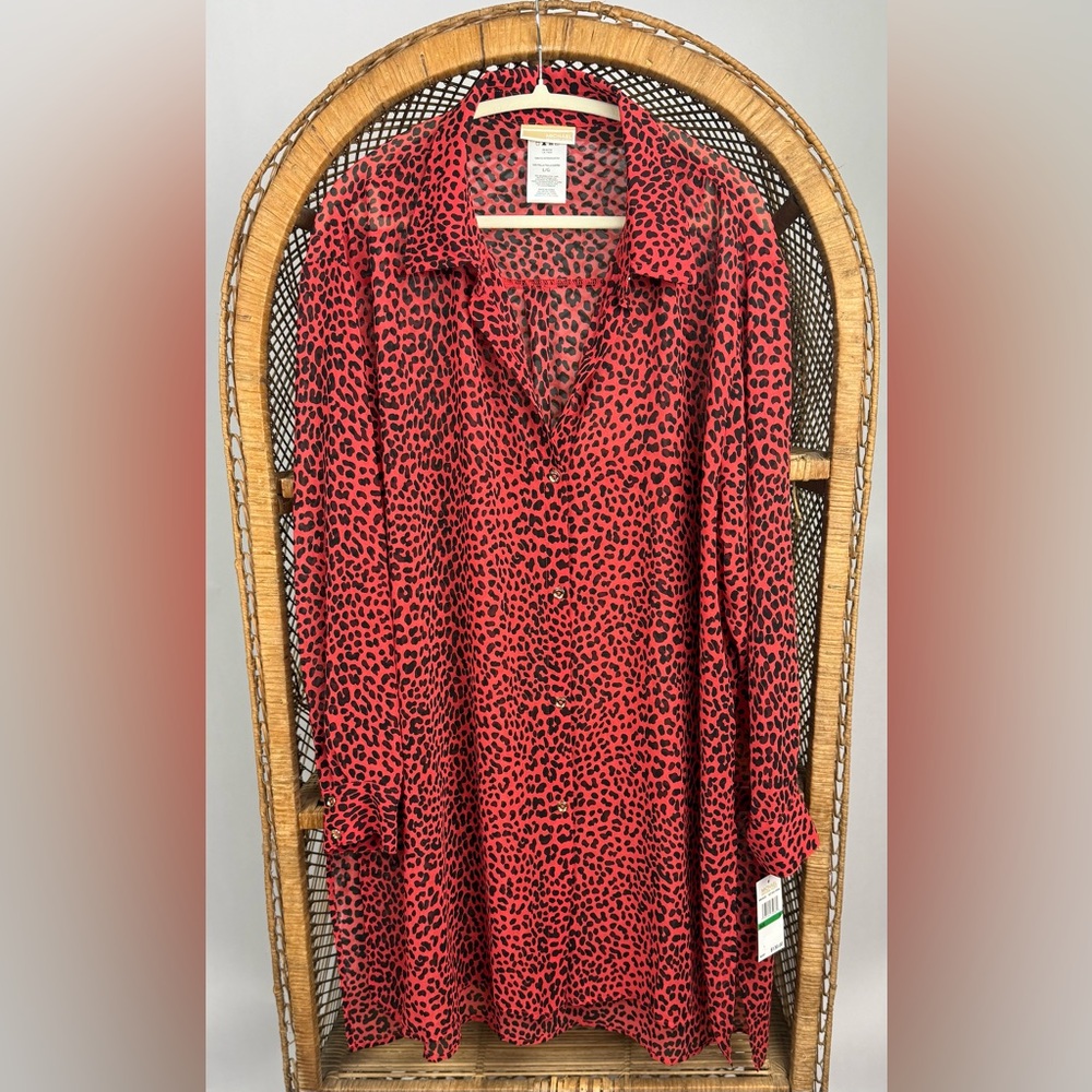 Michael Kors Sheer Animal Print Cover-Up Shirt Sea Coral L NWT Beach Swim - Picture 4 of 7